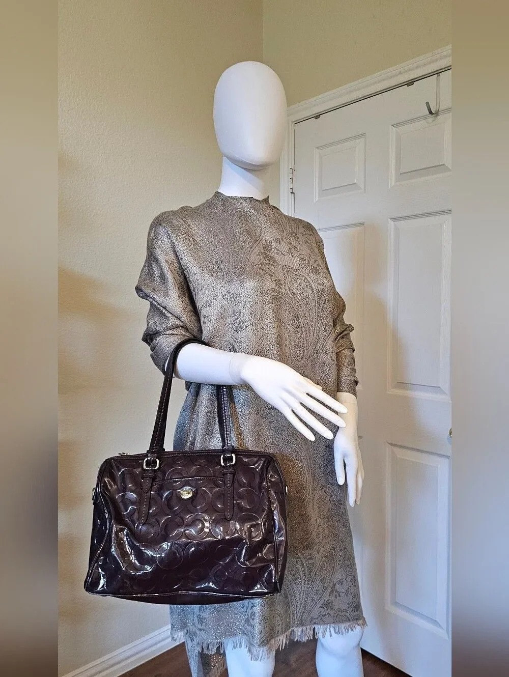 Coach Patent Leather Tote Bag in Dark Brown